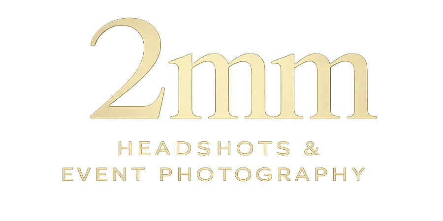 Logo for 2mm Headshots & Event Photography on a warm gold gradient background, with the large '2mm' text and smaller 'HEADSHOTS & EVENT PHOTOGRAPHY' beneath.